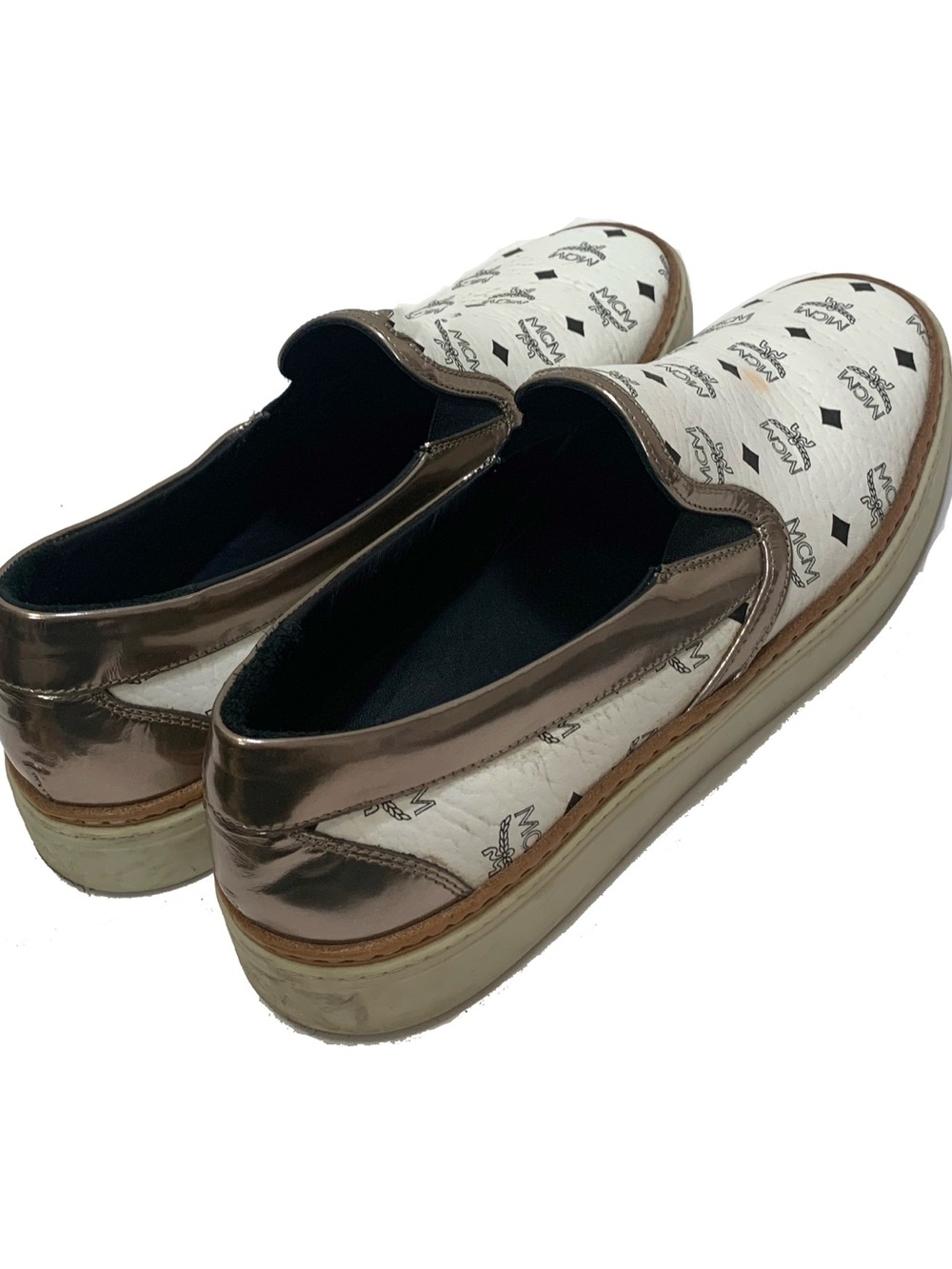 MCM White Logo Slip-On Flats with Metallic Rose Accents